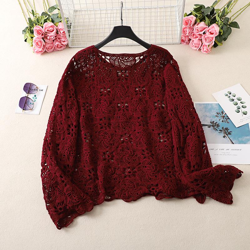 Women's Korean Style Red Sheer Knit Sweater with Hollow Design – Long Sleeve Round Neck, Autumn/Winter 2024