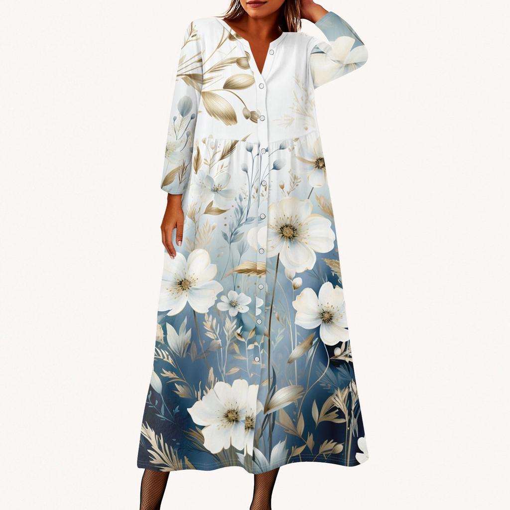 Women's Fashionable Printed Round Neck Seven Quarter Sleeve Button Loose Shirt Dress