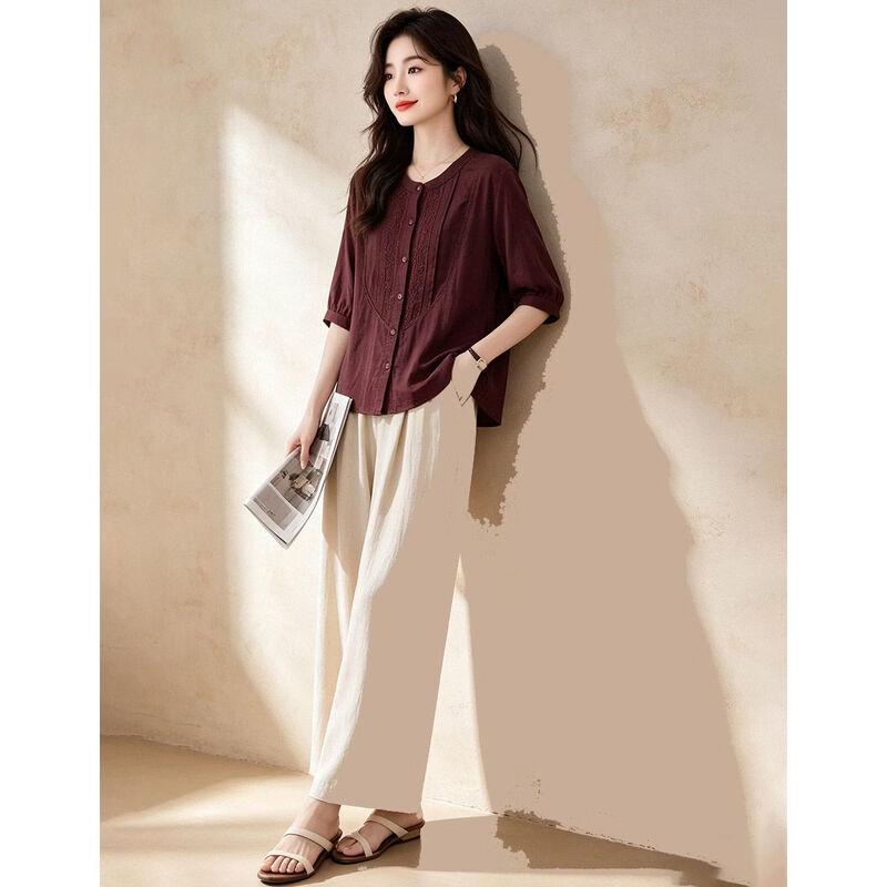 D.F.DEAR Women's Retro Mid-Sleeve Shirt & Wide-Leg Pants Set