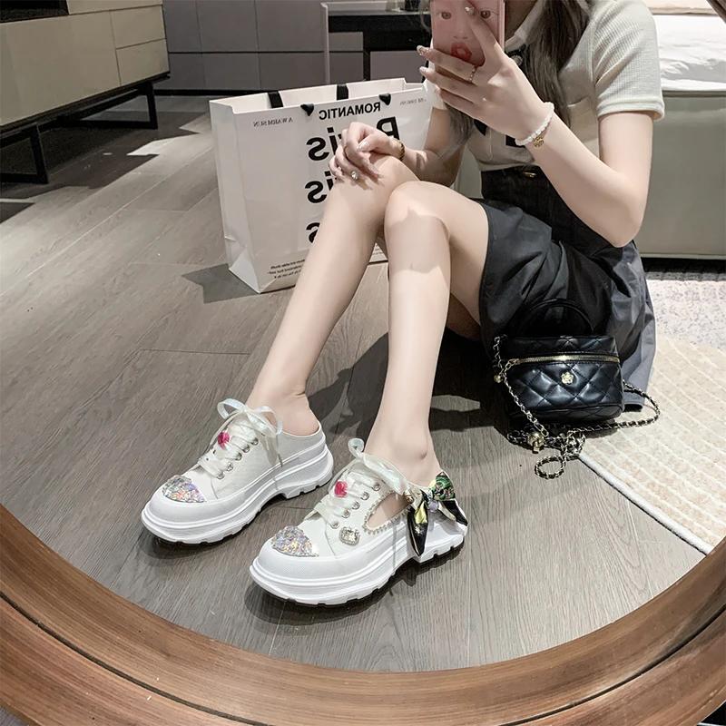 Fashion 2025 New Thick-soled Rhinestone Luxury Half Slippers Autumn Ladies Casual Breathable Sneakers Bow Knot Lovely Lolita Women Shoes
