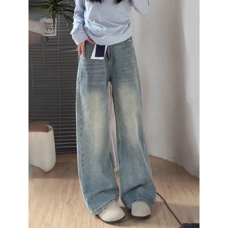 Plus Size High-Waisted Light Wide-Leg Jeans for Curvy Women – Slimming, Straight, Floor-Length Pants for Pear-Shaped Figures, Autumn Wear