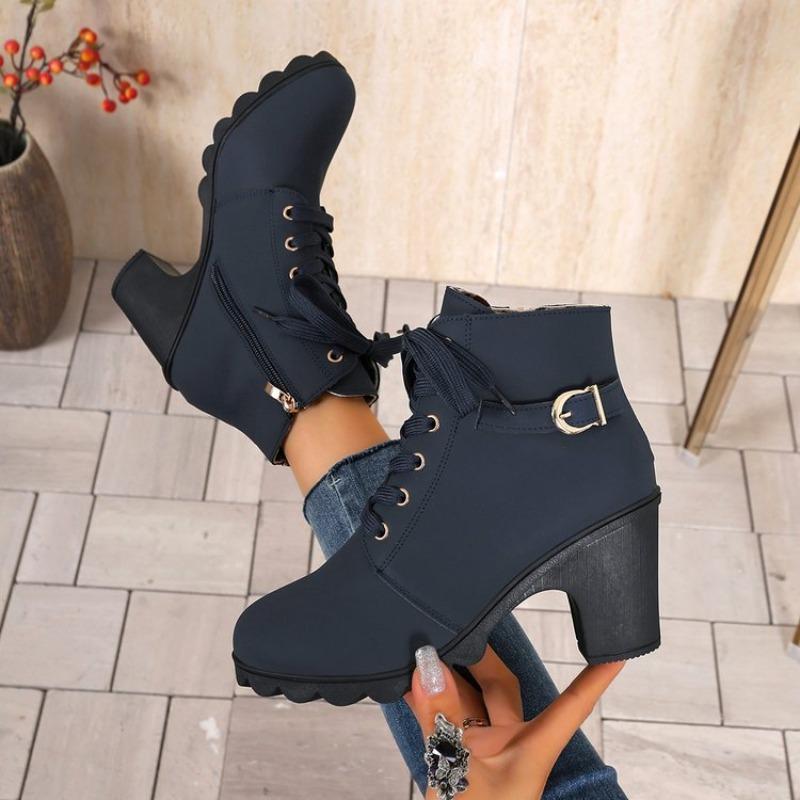 Coarse Heel Short Boots Round Head Lace-up and Bare Boots New High Heel Side Zipper Martin Boots Women's Single Boots Belt
