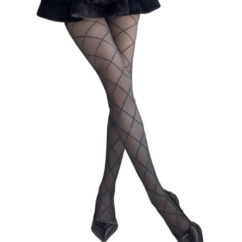 Gray Criss-Cross Diamond Lattice Tights with Silver Thread - Ultra-Thin Summer Design, JK & Lolita Style Stockings