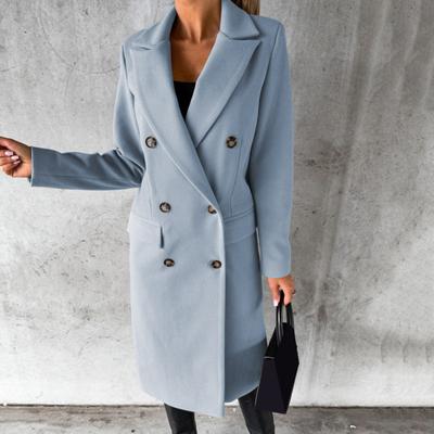 Women Woolen Jacket Turn-down Collar Solid Color Double-breasted Coat Mid Length Thermal Long Sleeved