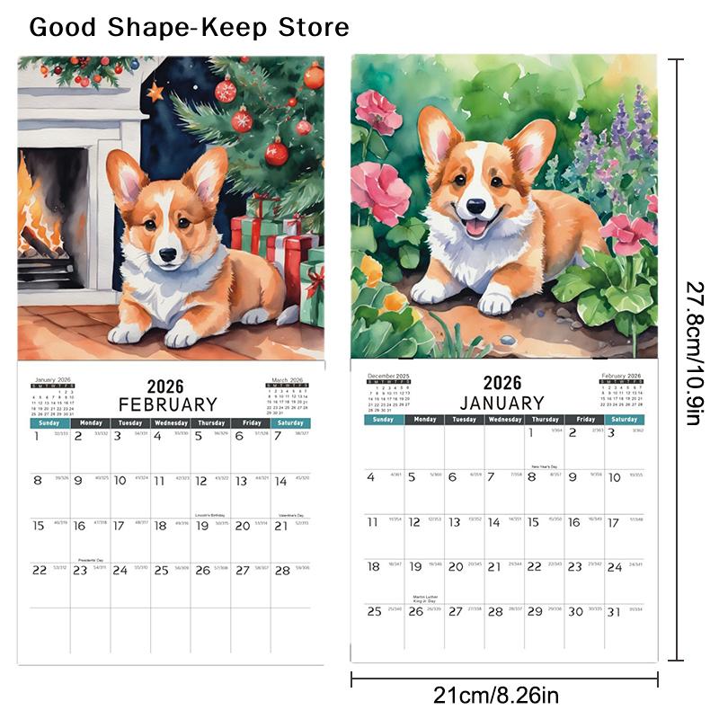 2026 Monthly Hangable Wall Calendar Cartoon Dog Wall Calendar Corgi Dog Design Monthly 12 Month Family Organizer Calendar