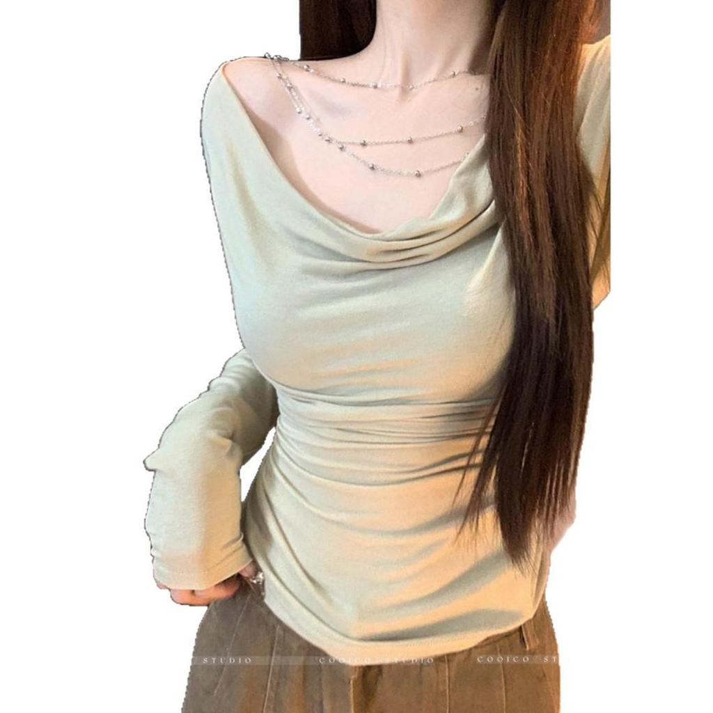 Korean Off-Shoulder Chain Pleated Long Sleeve Autumn Top