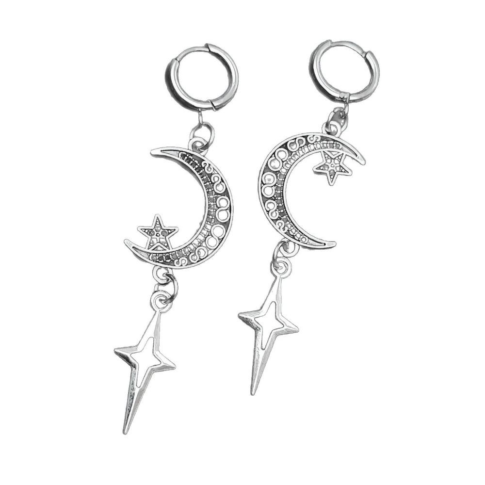 Gothic Ancient Silver Exquisite Hollowed-out Patterns Crescent Moon Star Charms Dangle Earrings for Women Y2k Punk Jewelry Gifts