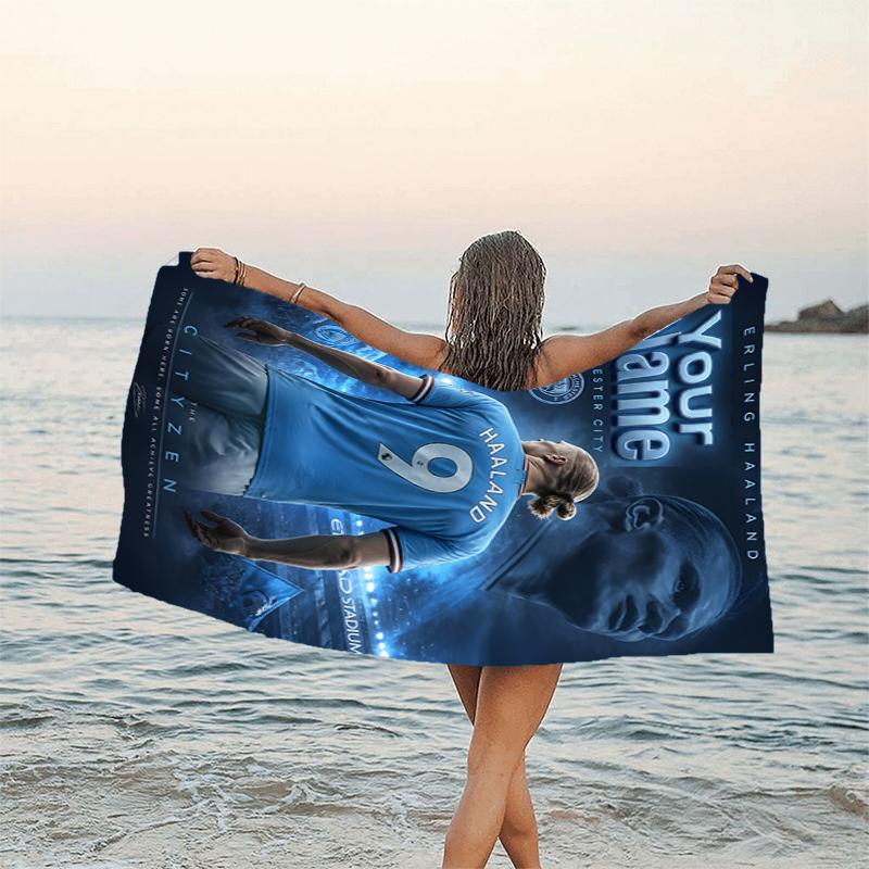 1pc Haaland Beach Towel with Custom Name, Beach and Seaside Swimming Pool Equipment, Fashion Pattern, Rectangular, Travel Essential