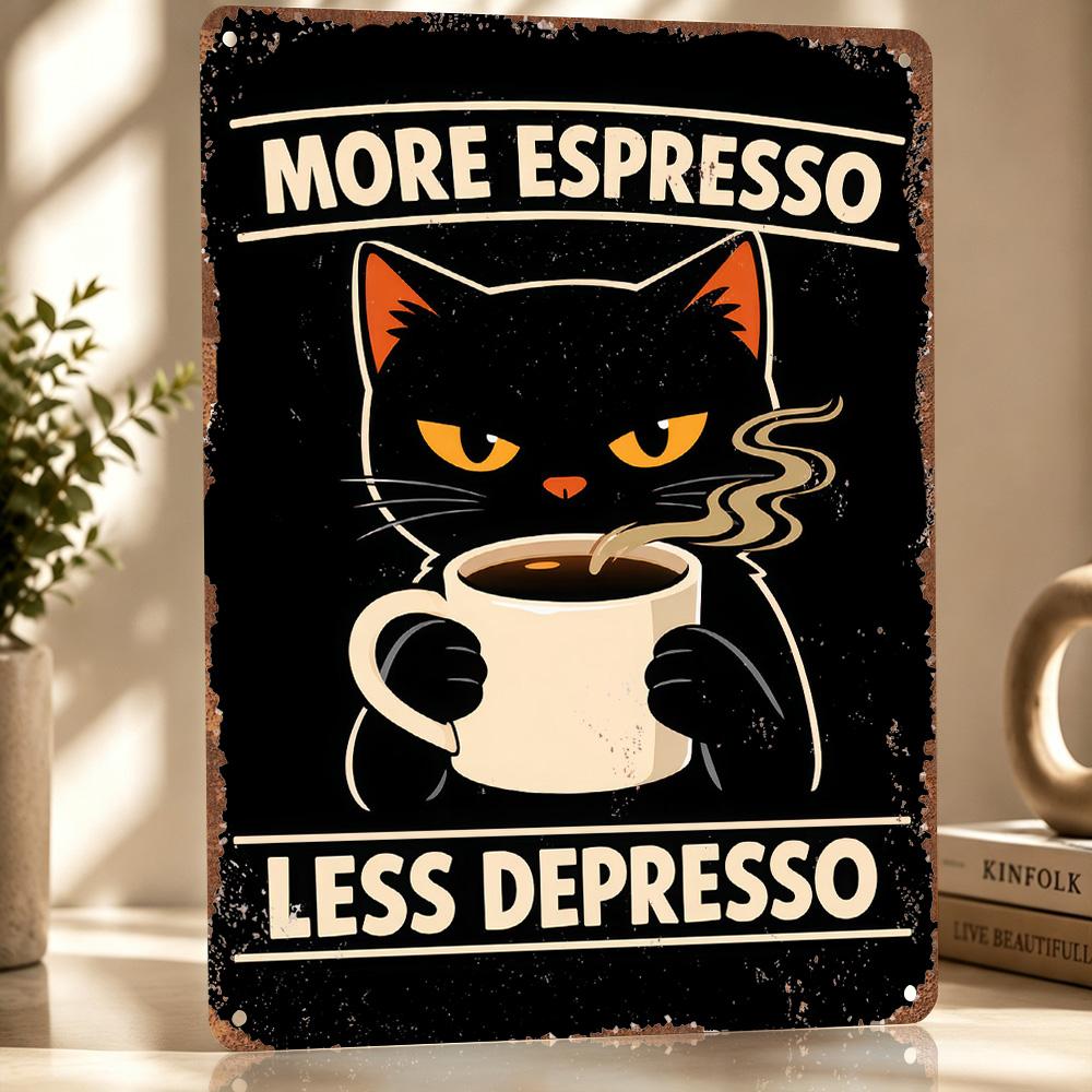 Black Cat With Espresso Personalized D Textured Metal Poster Wall Art Vintage Tin Signs for Living Room Decoration Items Decor