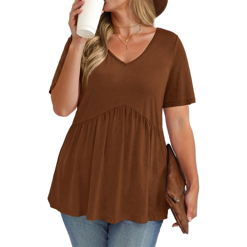 Women's Plus Size Fashionable Casual Loose-Fit V-Neck Short-Sleeve Top