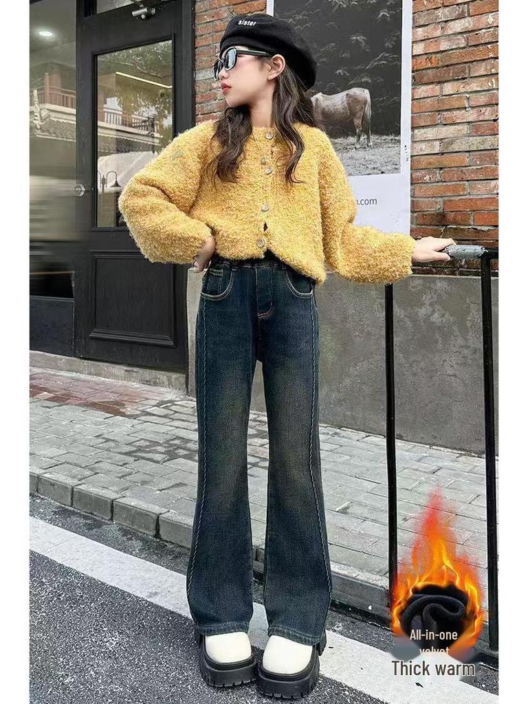 Girls' Plus Velvet Flared Pants - Stylish Slim Fit Autumn/Winter Jeans for Older Children and Students