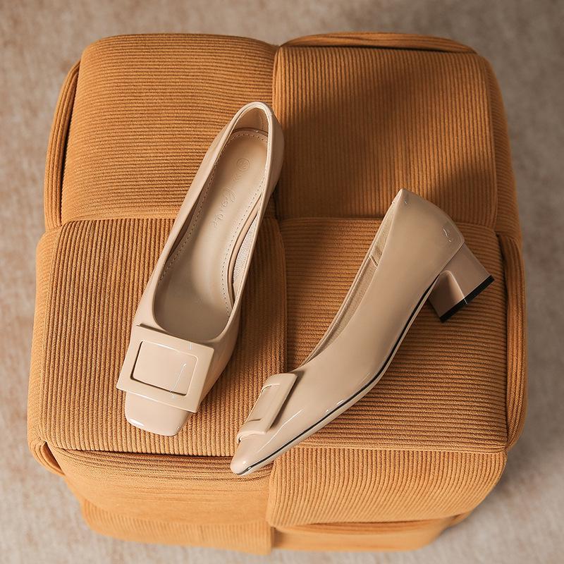 Women's Nude Patent Leather High Heels with Square Buckle