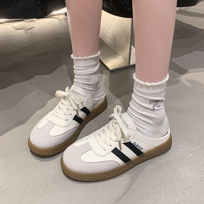 

Baotou, half slippers, women s autumn outer wear flat bottom, one pedal, lazy without heel, retro little white shoes 35 чёрный