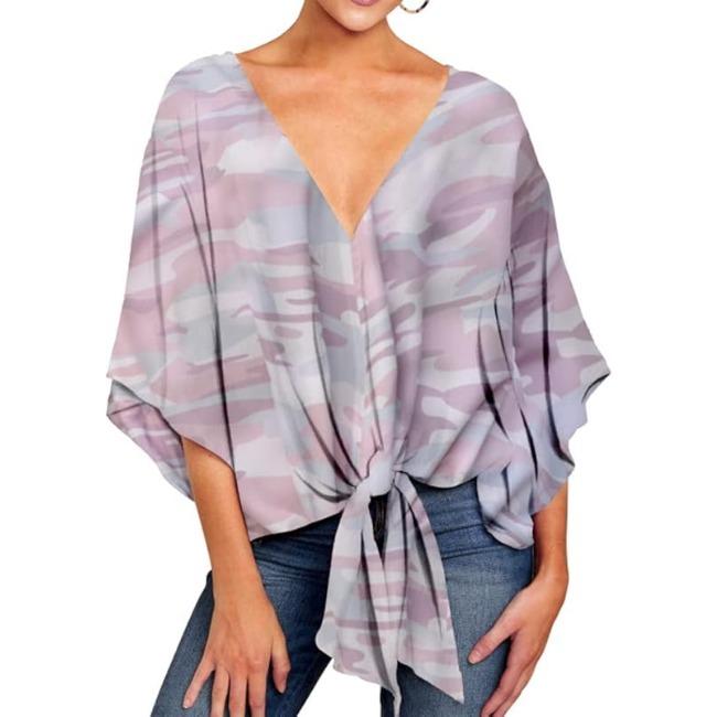 Damen Casual Blumenhemd Sommerstil V-Ausschnitt Kurzarm Fledermausärmel Lockeres Hemd Bohemian Stil Frontknoten Oberteil