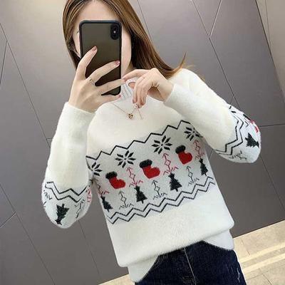 Sweater Women Pullover Imitation Mink Fleece Short Loose Western Autumn/Winter Christmas Tree New Knitted Underlay Sweater Women