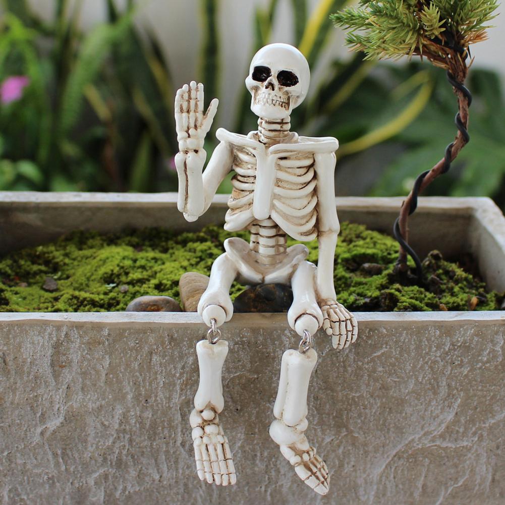 Swing Leg Skeleton Figurine Sitting Skull Resin Statue Sculpture Home Office Desktop Garden Decoration Ornament Halloween Birthd