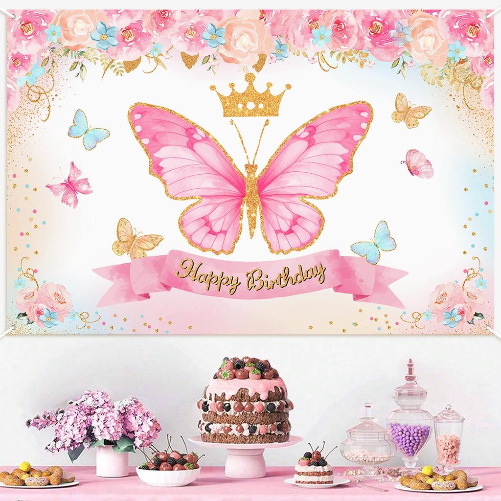 Butterfly Backdrop Butterfly Happy Birthday Party Decor Kids Girls Birthday Party Supplies Baby Shower Photography Background