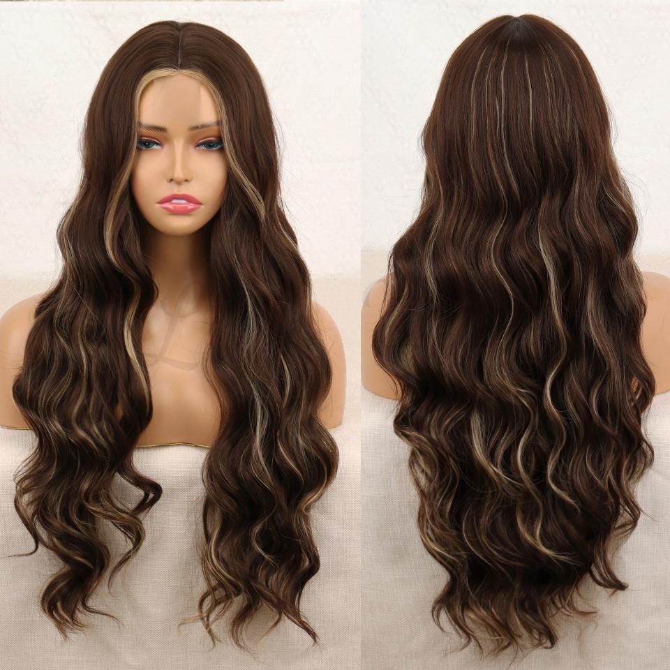 XINRAN Women Fashion Long Water Wave Wig Without Bangs Synthetic Fiber Ombre Brown Blonde Color Body Wave Lace Front Wig
