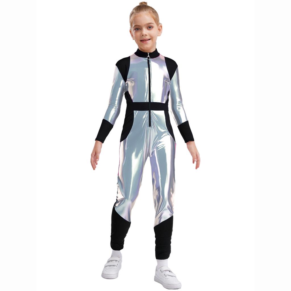 Kinder Halloween Außerirdischen Cosplay Overall: Langärmeliger Hochtaillierter Glänzender Metallischer Reißverschluss Sportlicher Body für Rollenspiele