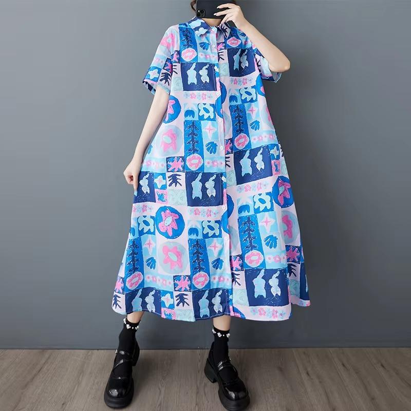 

XITAO Print Flower Single Breasted Dress ZMY1133 One Size