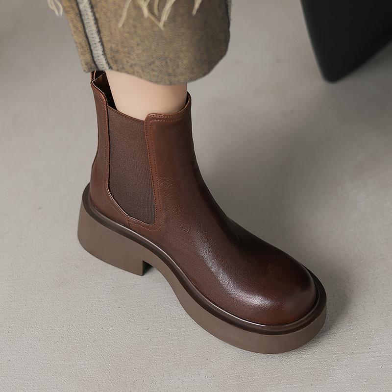 Fashion 2024 New Genuine Leather Winter Women Boots Brogues Platform Motorcycle Boots Ankle Boots Retro Cowhide Slip-on Ladies Shoes