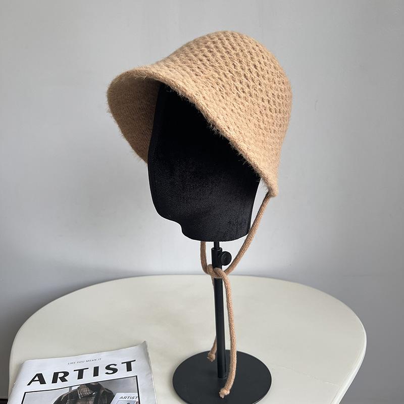 

Осенне-зимняя кашемировая вязаная шляпа-ведро с открытым ремешком, женская теплая шляпа-лоли, шляпа-тазик M（56-58cm） хаки