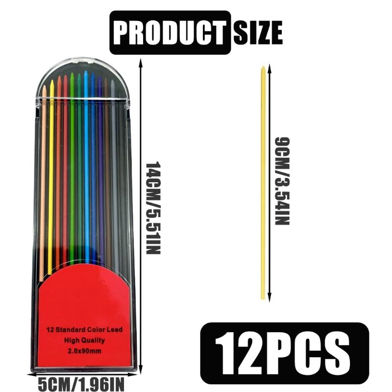 12Pcs 2.0MM Pencil Refills for 2.0MM Mechanical Pencil, 12 Color Pencil Refills for Student Artist Art Drawing Sketching