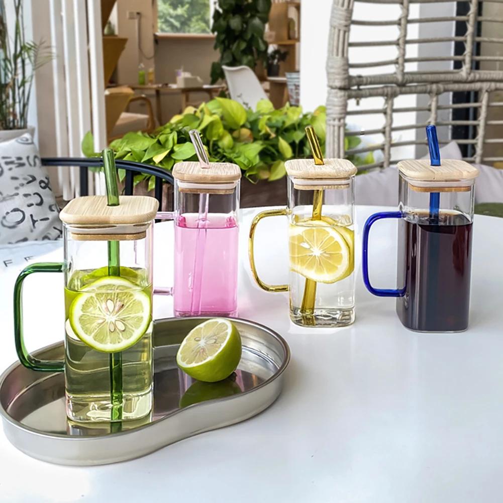 Microwave Safe Square Glass Cup 400Ml Transparent Glass Mug With Lid And Straw For Breakfast Coffee Milk Beer Party Use