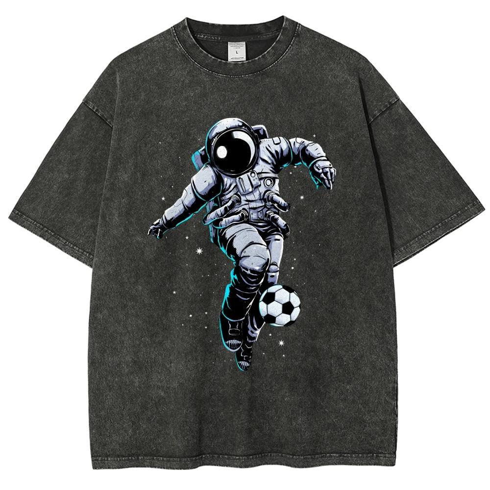 Astronaut Football T Shirts Unisex Fit Washed Tees Men Women Casual Short Sleeve T-shirts Cotton Oversized T-shirt