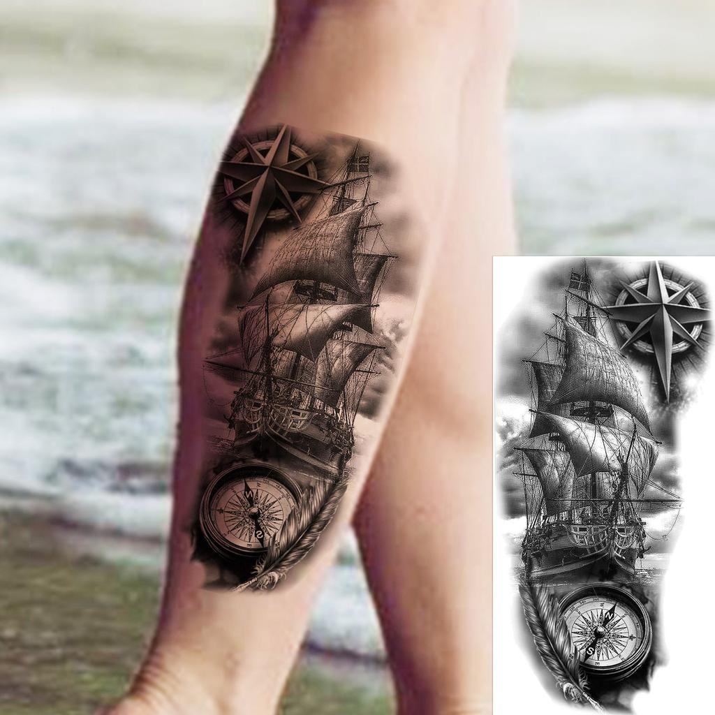 1 Foglio Impermeabile Nave Pirata Vela Tatuaggi Temporanei Per Uomo Donna Bussola Realistica Orologio Tatuaggio Finto Adesivo Lunga Durata