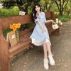 WTEMPO Abito Lungo Scollo a V Abito Coreano Estivo Donna Casual Urbano Trendy Femminile Elegante Blu Abiti Base