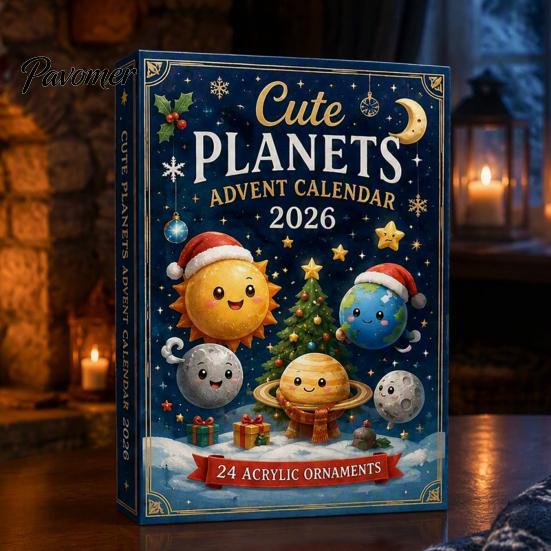 Astronomy Gift for Kids Space Advent Calendar, 24Pcs 2D Flat Acrylic Ornament Set with Planet Star Themed Hanging Decorations Designs, Christmas Tree