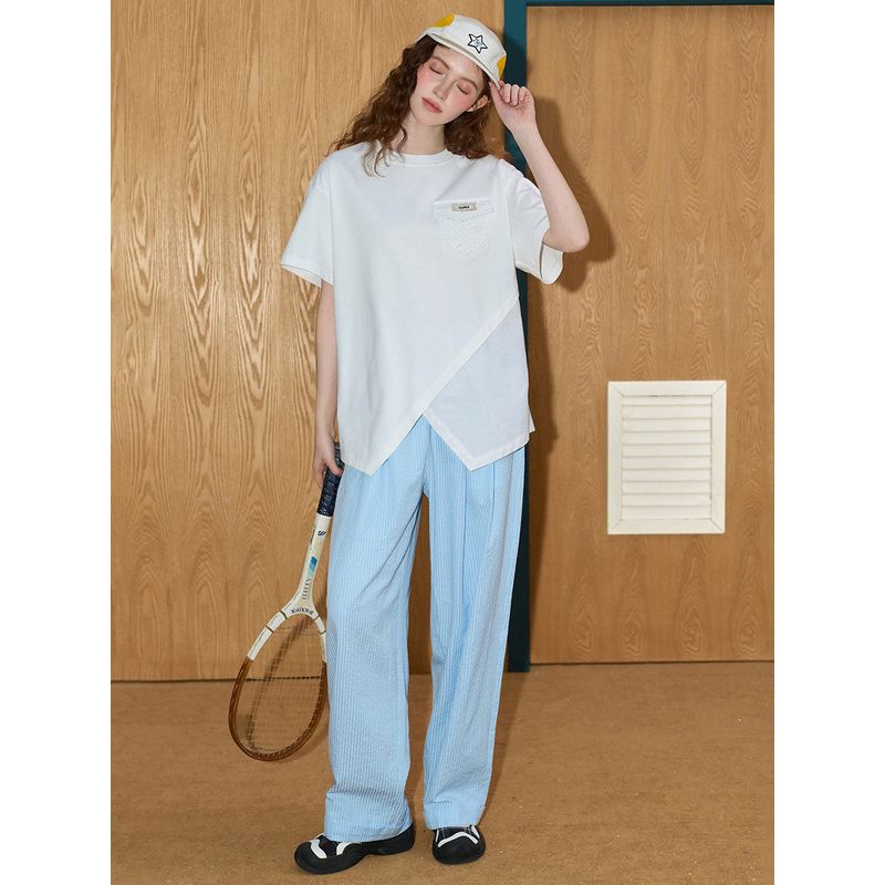 Coolhut Solid Color Loose Short-Sleeved Versatile Round Neck Pocket Casual Pure Cotton Designer Women's T-Shirt