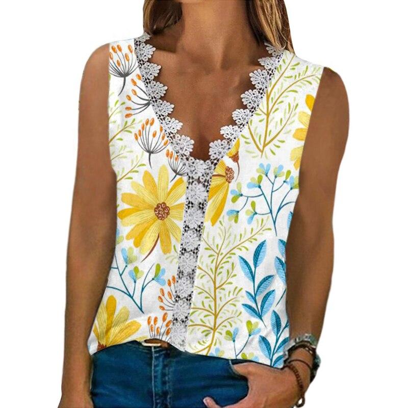 Výstřih do V Krajka Květinový potisk Letní halenky Ženy 2023 Košile Bez rukávů Neformální košile Topy Dámská Móda Elegantní Tričko Dámské Oblečení 24858