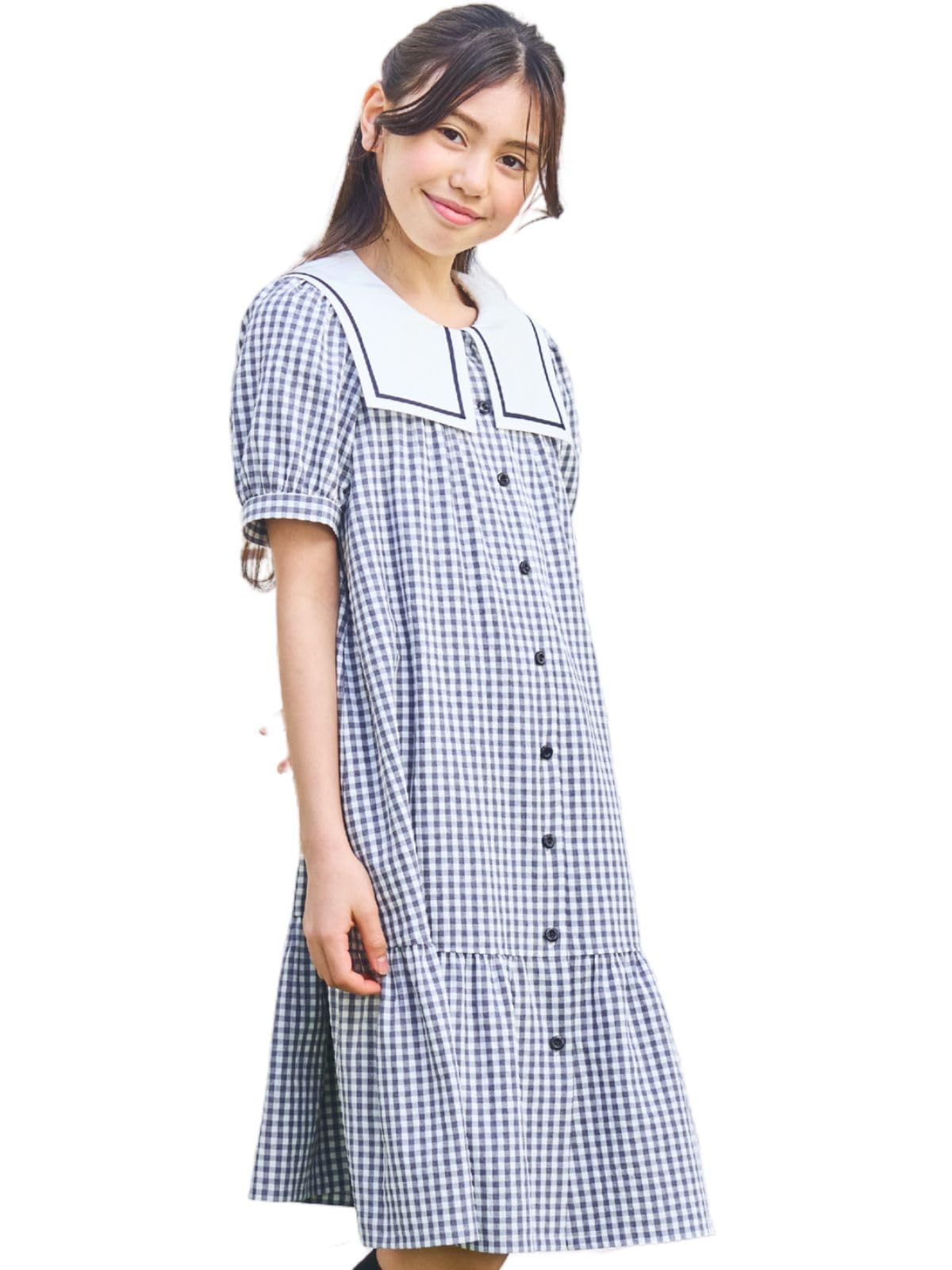 

Chopin Dress for Everyday Big Collar Gingham Check Dress Black Girls, Kids, Casual, Formal, Wear, School, Outings, Summer, (7536-7506), 140cm,