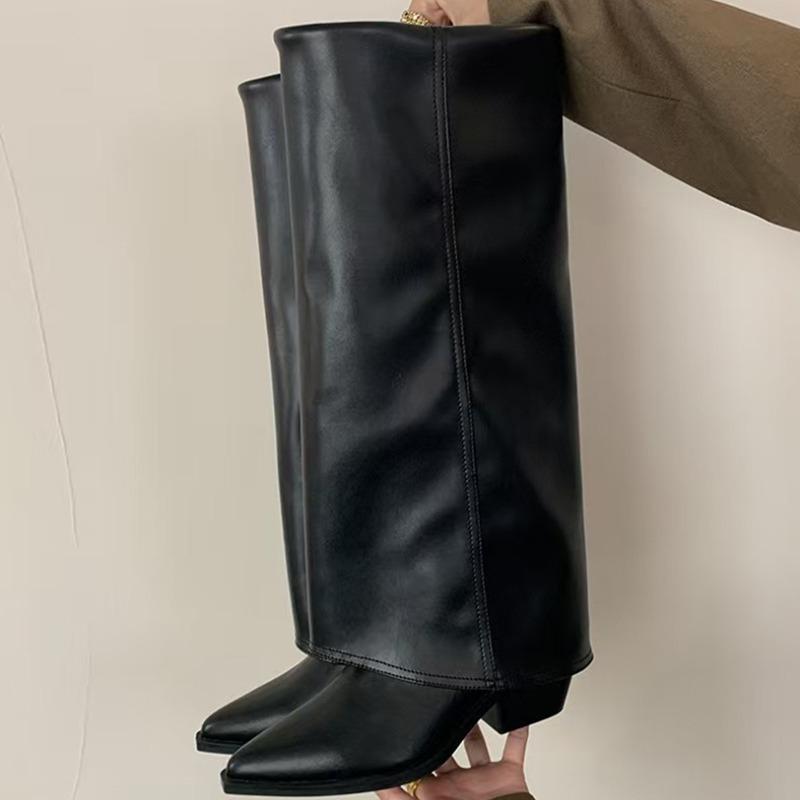 Four Season Women Knee High Boots Pointed Toe Black Apricot Coarse Heeled Boots  New Slip on Sexy Party Pumps