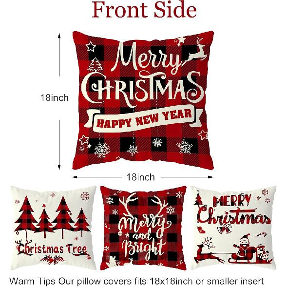Christmas Pillow Covers 18x18 Set of 4 - Red Black Buffalo Check Plaid Decor - Indoor Outdoor Xmas Throw Pillow Cases for Sofa Couch
