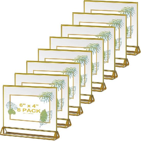 8 Pack Acrylic Sign Holder Gold Borders,4 X 6 Gold Table Number Holders Vertical Stand,Double Sided Clear Picture Frames,Gold Sign Holders Display