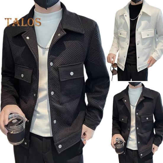 Herrenjacke Revers Langarm Pattentaschen Einreihiger Jackenmantel Einfarbig Gestreiftes Jacquardmuster Oberbekleidung