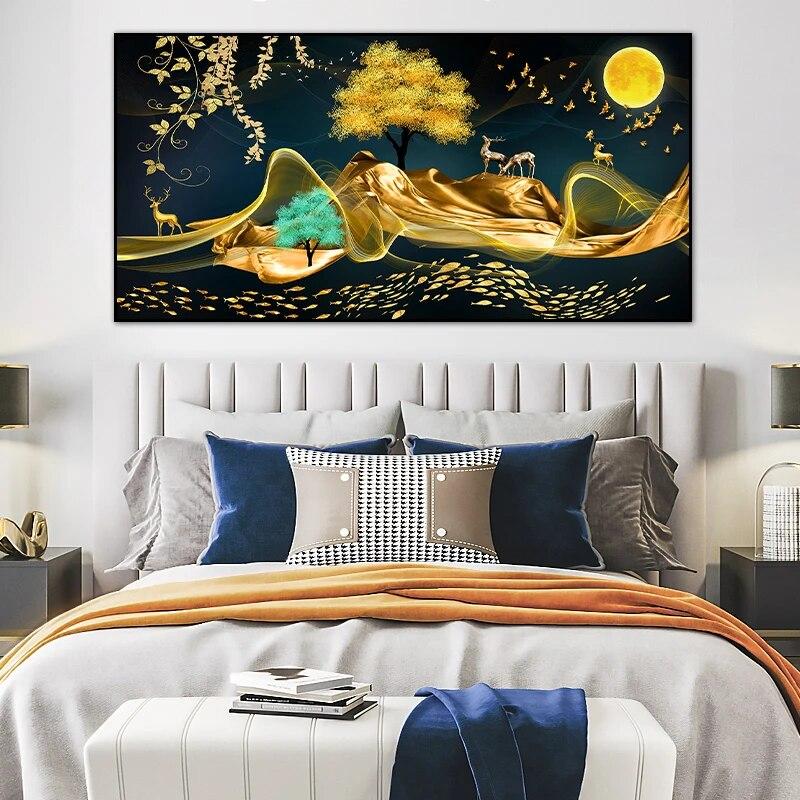 Abstract Landscape Canvas Painting Golden Elk And Trees Canvas Wall Art Posters and Prints Pictures for Living Room Frameless