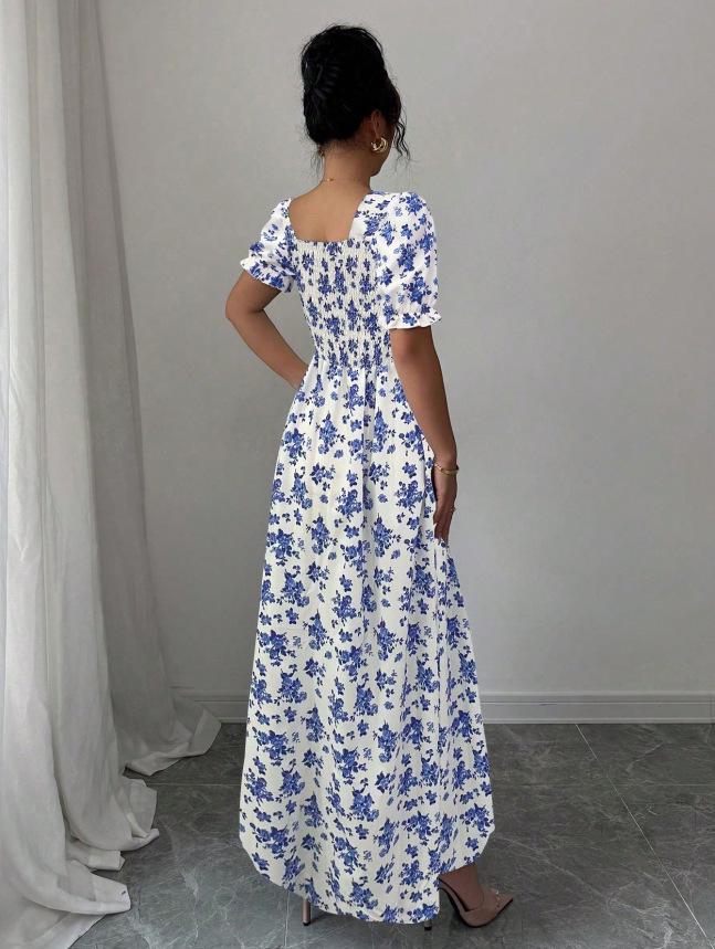 2026 Women's Summer Floral Print Puff Sleeve Square Neck Dress - French Style Holiday Tea Party Skirt