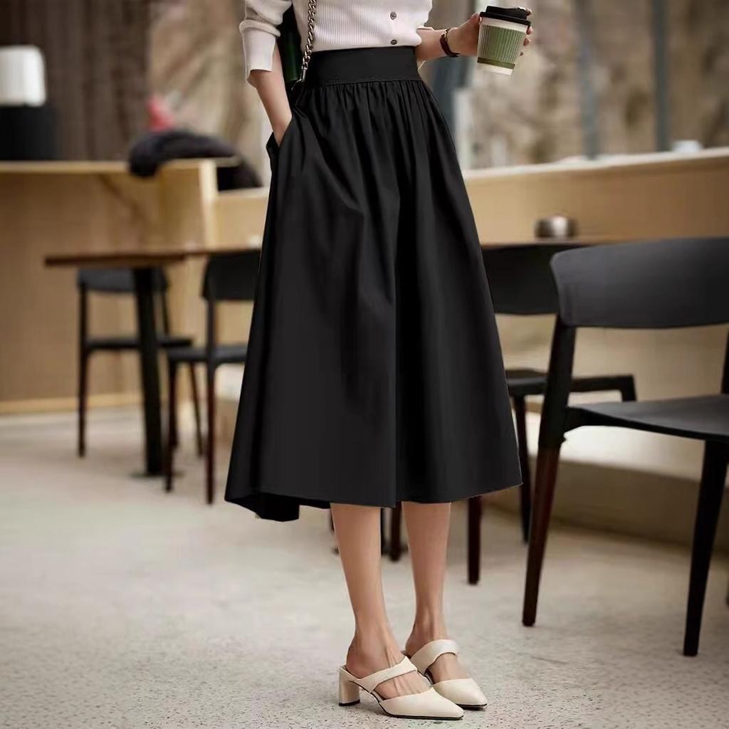 High-Waist Over Knee Mid-length Khaki Small Pleated Umbrella Skirt Skirt A-line Skirt