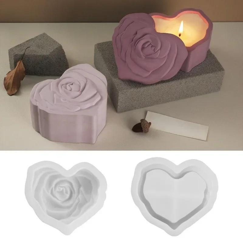 Handmade Creative Diy Heart Shape Rose Storage Box Silicone Mold with Lid DIY Carved Rose Candle Jar Concrete Cement Mould Epoxy