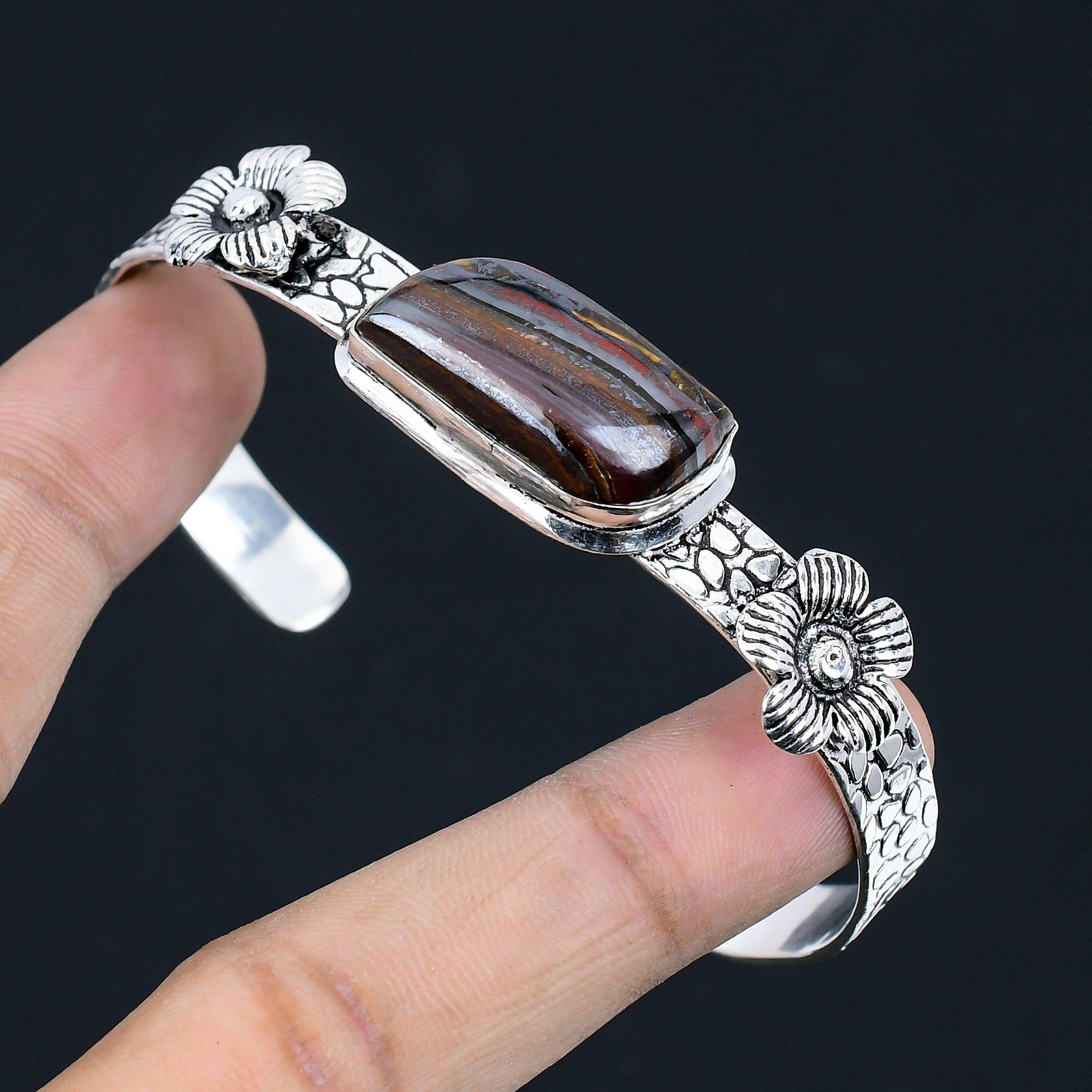 

Natural Iron Tiger Eye Gemstone Bangle Flower Adjustable 925 Silver For Girls Adjustable