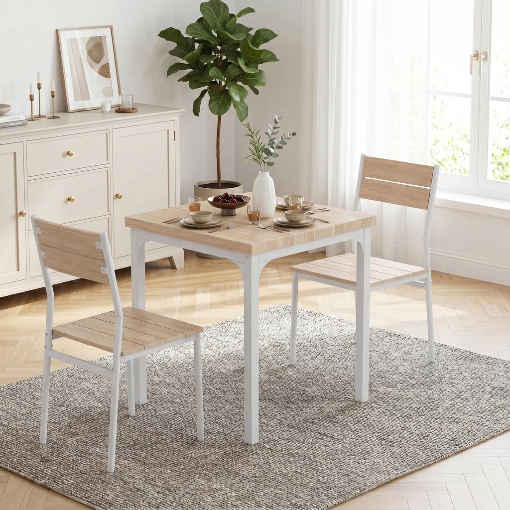 Three-Piece Minimal and Compact Dining Set, Oak Wood Effect