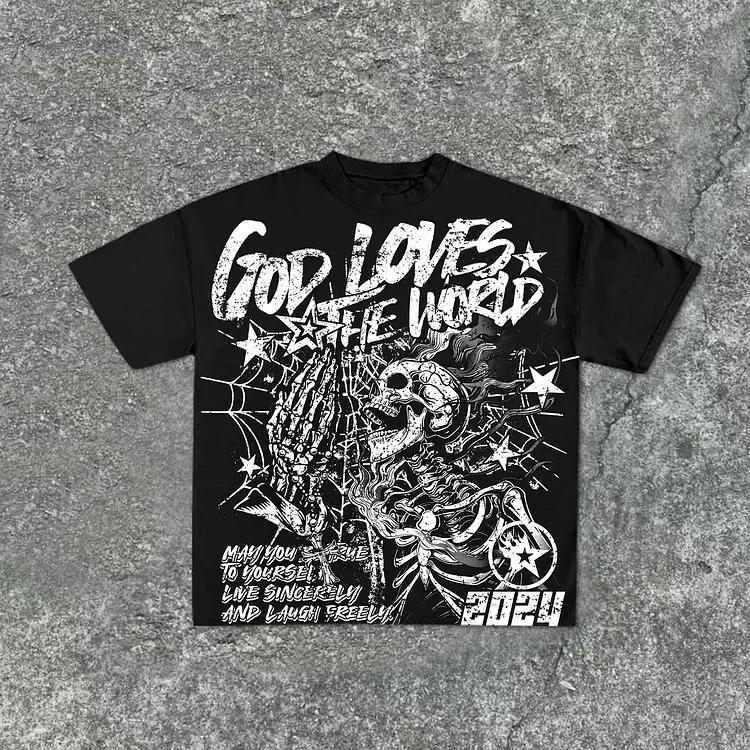 

Casual Short Sleeve God Loves The World Graphics 100% Cotton T-Shirt Men Summer Y2K Vintage Oversize Tshirt Streetwear Women Top S