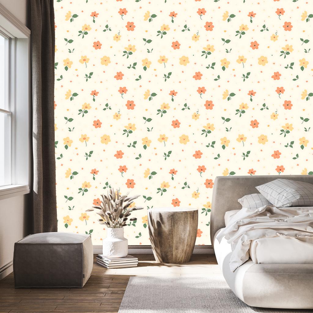Cottagecore Flowers Wallpaper White, Cream and Peach 50x1000