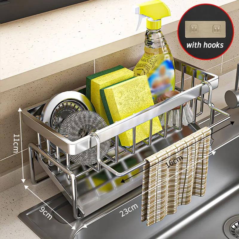 Kitchen Sink Drain Rack Organizer Stainless Steel Self-draining Sink Shelf Soap Sponge Holder Dishcloth Towel Rack Filter Basket