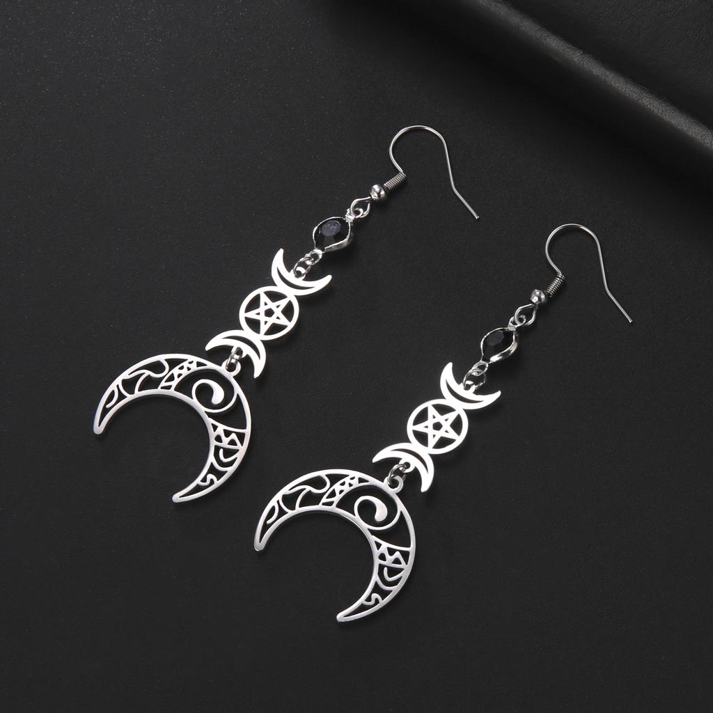 Lemegeton Stainless Steel Crescent Shaped Women's Earrings Mysterious Triple Moon Goddess Pentagram Gothic Jewelry Party Gift