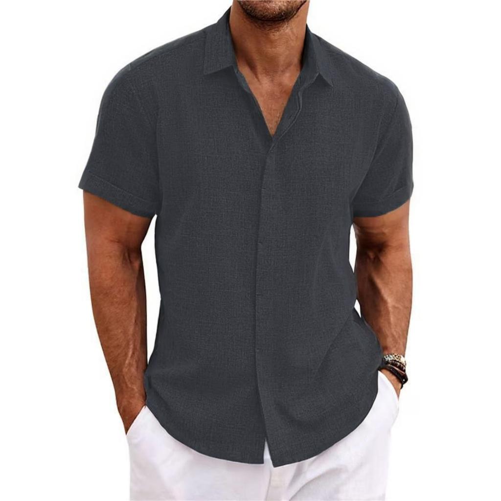 Men's Casual -color Loose Short-sleeved T-shirt Shirt - Men's Cotton And Linen Collar Short-sleeved Top